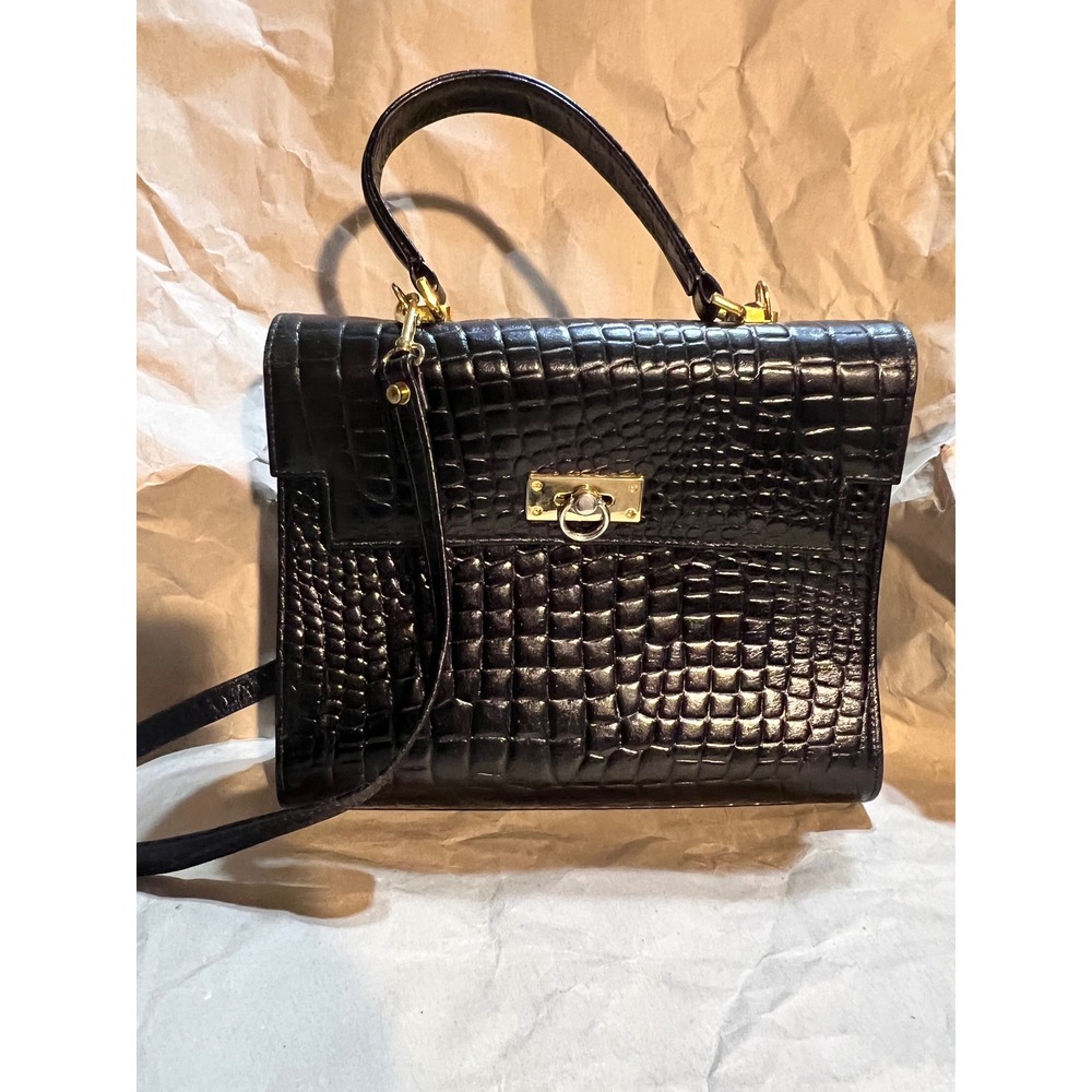 Reem Medium Top Handle Bag Black Croc Embossed Leather Vintage Gold Hardware USA